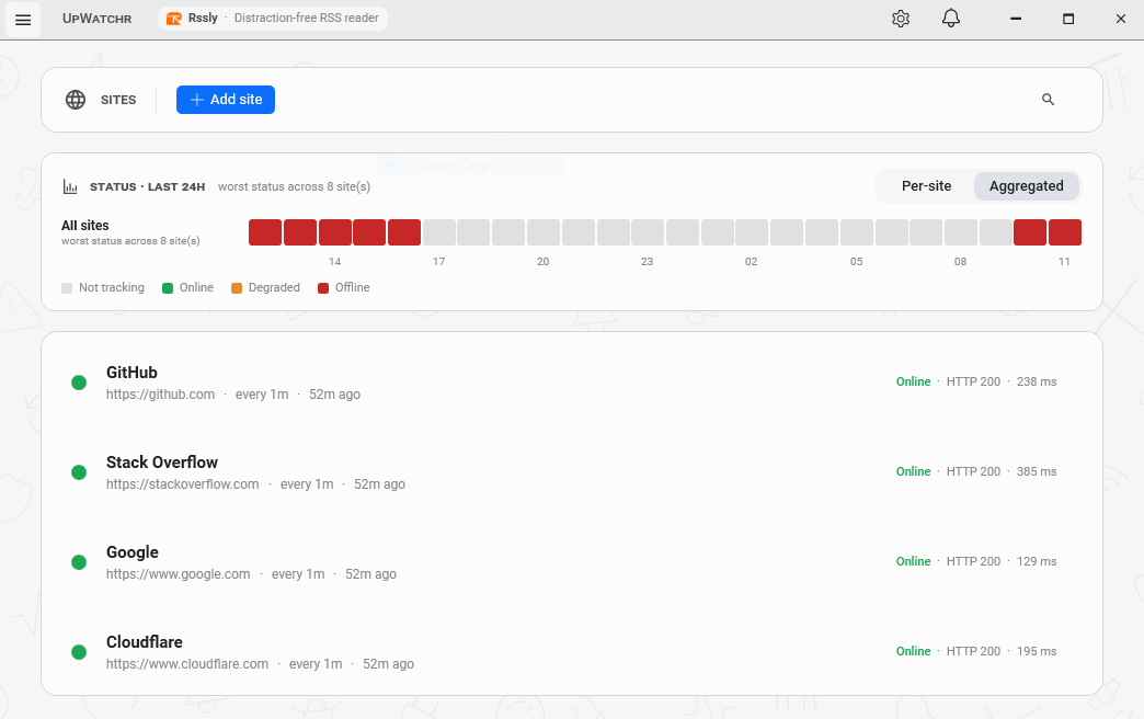 UpWatchr dashboard — light theme