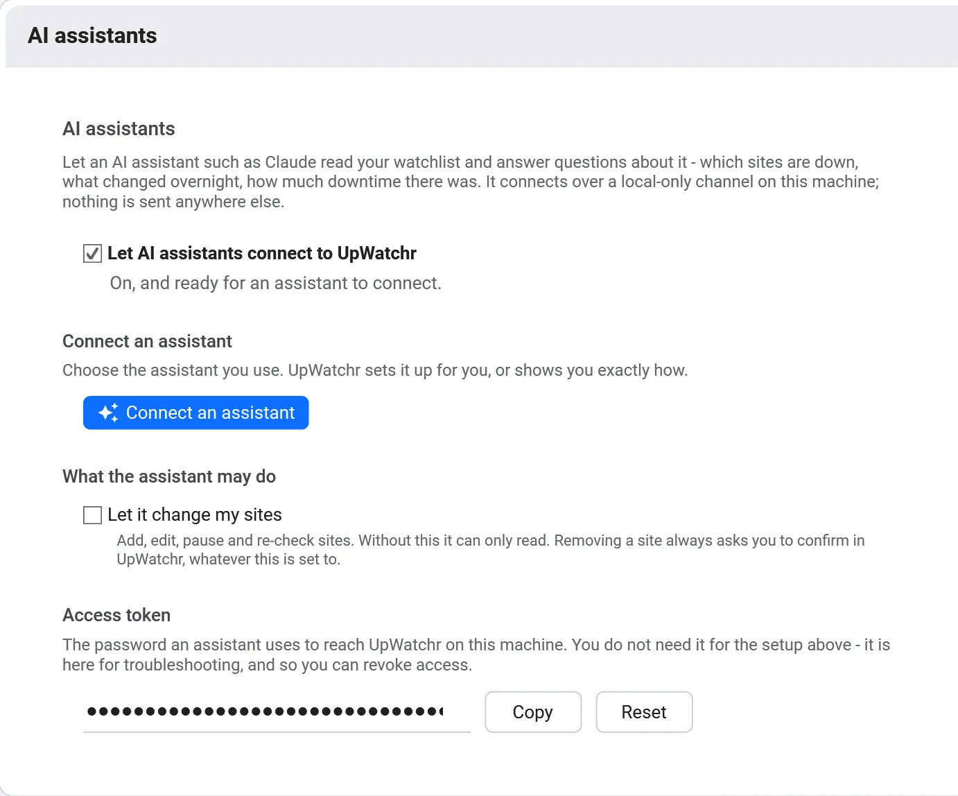 UpWatchr's Settings on the AI assistants page: the switch that lets assistants connect, the Connect an assistant button, a separate switch that lets it change sites, and the access token